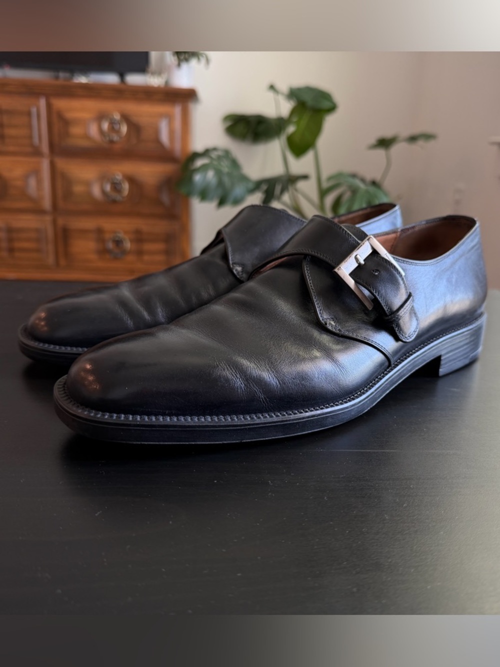 Salvatore Ferragamo Black Leather Monk Strap Shoes sz 10 Italy